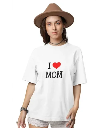 Unisex Bisiklet Yaka Baskılı Oversize Thirt  Beyaz