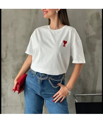 Unisex Bisiklet Yaka Baskılı Oversize Thirt  Beyaz