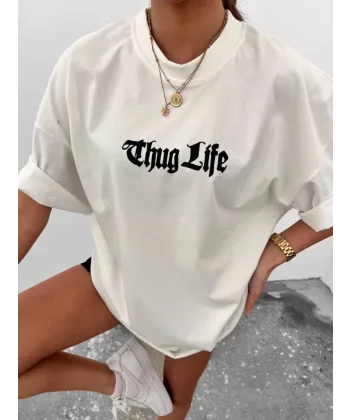 Unisex Bisiklet Yaka Baskılı Oversize Thirt  Beyaz