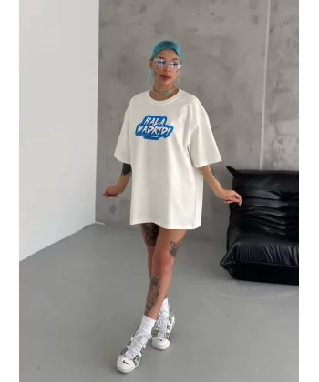 Unisex Bisiklet Yaka Baskılı Oversize Thirt  Beyaz