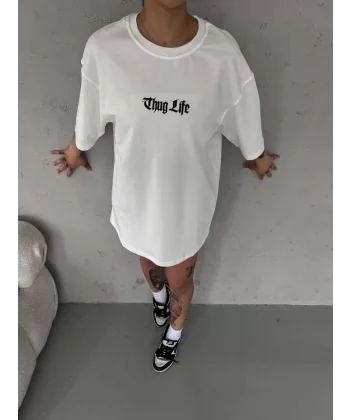 Unisex Bisiklet Yaka Baskılı Oversize Thirt  Beyaz