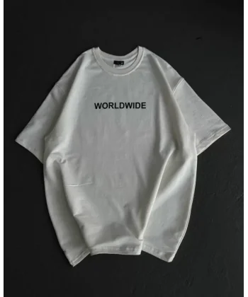 Unisex Bisiklet Yaka Baskılı Oversize Thirt  Beyaz