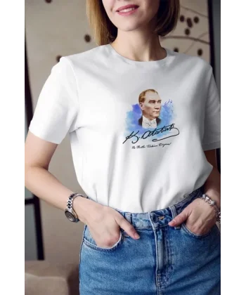 Unisex Bisiklet Yaka Baskılı Oversize Thirt  Beyaz