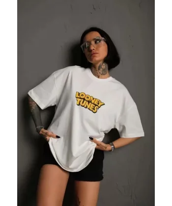 Unisex Bisiklet Yaka Baskılı Oversize Thirt  Beyaz