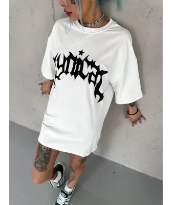 Unisex Bisiklet Yaka Baskılı Oversize Thirt  Beyaz