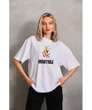 Unisex Bisiklet Yaka Baskılı Oversize Thirt  Beyaz