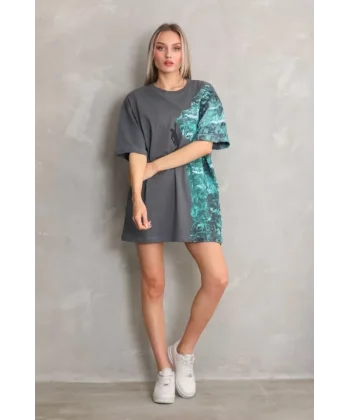 Unisex Bisiklet Yaka Baskılı Oversize Thirt  Gri