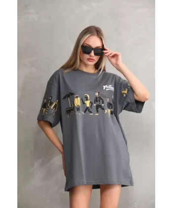 Unisex Bisiklet Yaka Baskılı Oversize Thirt  Gri