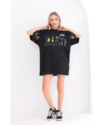 Unisex Bisiklet Yaka Baskılı Oversize Thirt  iyah