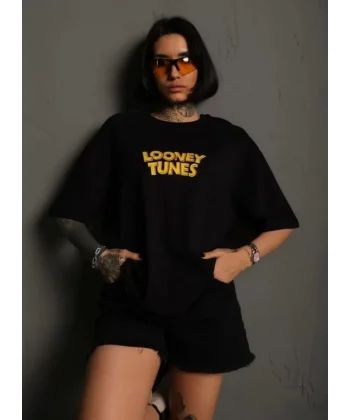 Unisex Bisiklet Yaka Baskılı Oversize Thirt  iyah