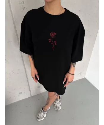 Unisex Bisiklet Yaka Baskılı Oversize Thirt  iyah