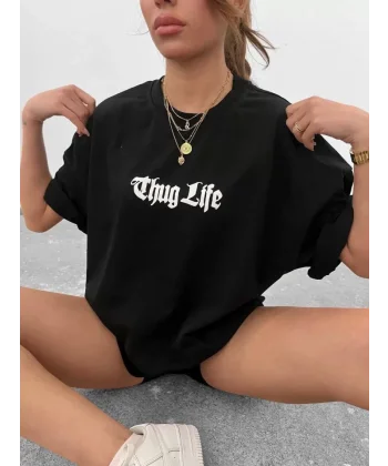 Unisex Bisiklet Yaka Baskılı Oversize Thirt  iyah