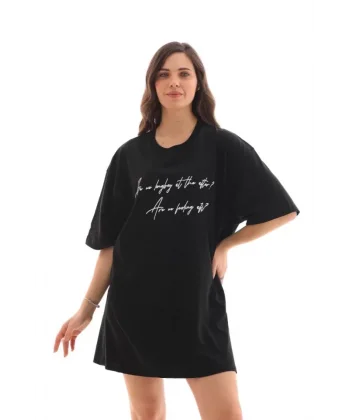 Unisex Bisiklet Yaka Baskılı Oversize Thirt  iyah