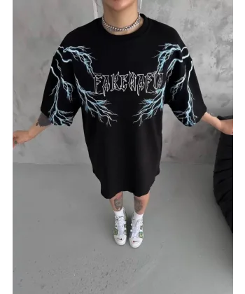 Unisex Bisiklet Yaka Baskılı Oversize Thirt  iyah