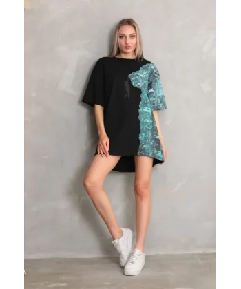 Unisex Bisiklet Yaka Baskılı Oversize Thirt  iyah