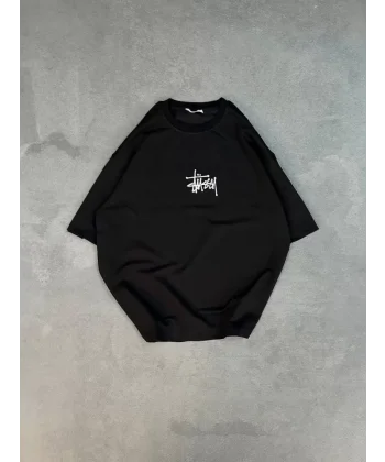 Unisex Bisiklet Yaka Baskılı Oversize Thirt  iyah