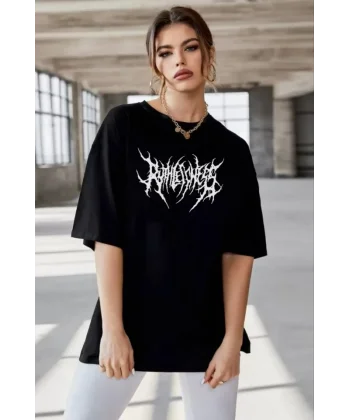Unisex Bisiklet Yaka Baskılı Oversize Thirt  iyah