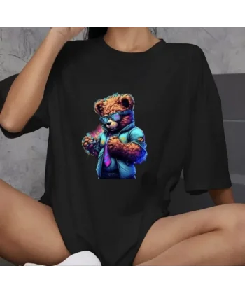 Unisex Bisiklet Yaka Baskılı Oversize Thirt  iyah