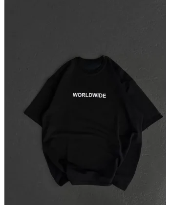 Unisex Bisiklet Yaka Baskılı Oversize Thirt  iyah