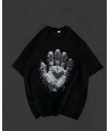 Unisex Bisiklet Yaka Baskılı Oversize Thirt  iyah