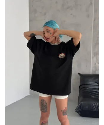 Unisex Bisiklet Yaka Baskılı Oversize Thirt  iyah