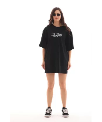 Unisex Bisiklet Yaka Baskılı Oversize Thirt  iyah