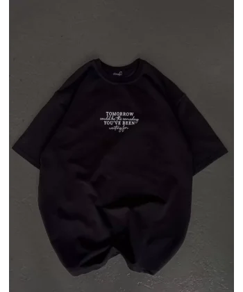 Unisex Bisiklet Yaka Baskılı Oversize Thirt  iyah