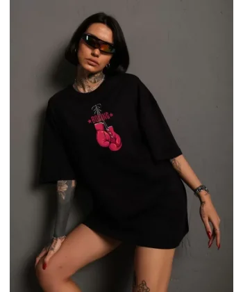 Unisex Bisiklet Yaka Baskılı Oversize Thirt  iyah