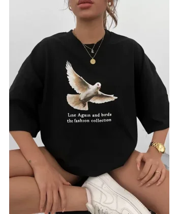 Unisex Bisiklet Yaka Baskılı Oversize Thirt  iyah