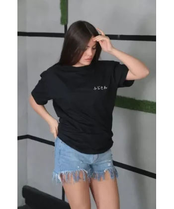 Unisex Bisiklet Yaka Baskılı Oversize Thirt  iyah