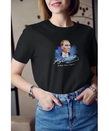 Unisex Bisiklet Yaka Baskılı Oversize Thirt  iyah