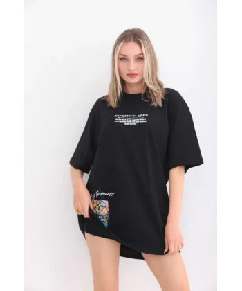 Unisex Bisiklet Yaka Baskılı Oversize Thirt  iyah