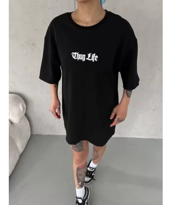 Unisex Bisiklet Yaka Baskılı Oversize Thirt  iyah