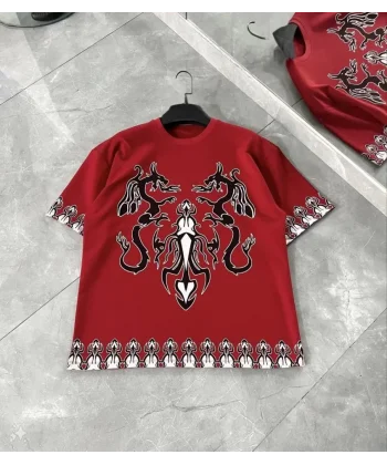 Unisex Bisiklet Yaka Baskılı Oversize Thirt  Kırmızı