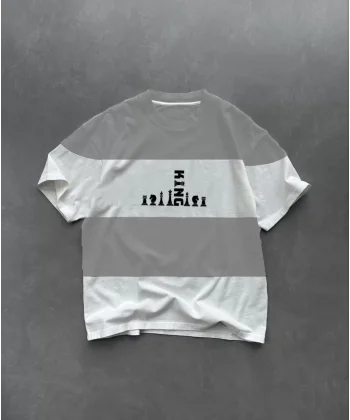 Unisex Bisiklet Yaka Baskılı Parçalı Oversize T-Shirt - Gri