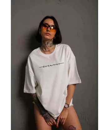 Unisex Bisiklet Yaka Baskılı Thirt  Beyaz