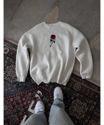 Unisex Bisiklet Yaka Ön Ve Arka Baskılı SweatShirt - Beyaz