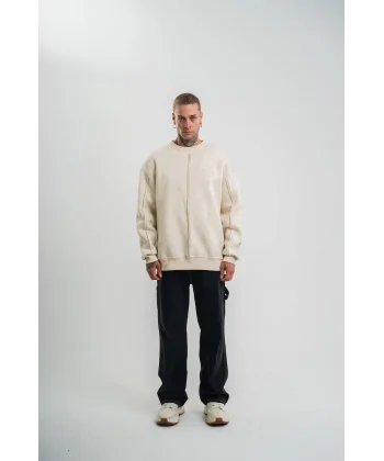 Unisex Bisiklet Yaka Özel Pis Dikişli Yıkamalı SweatShirt - Bej