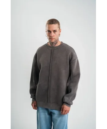 Unisex Bisiklet Yaka Özel Pis Dikişli Yıkamalı SweatShirt - Füme