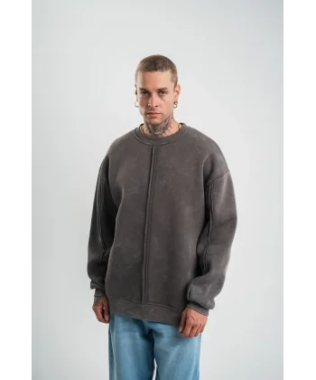 Unisex Bisiklet Yaka Özel Pis Dikişli Yıkamalı SweatShirt - Füme