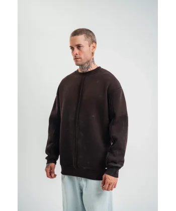 Unisex Bisiklet Yaka Özel Pis Dikişli Yıkamalı SweatShirt - Kahve