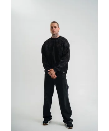 Unisex Bisiklet Yaka Özel Pis Dikişli Yıkamalı SweatShirt - Siyah