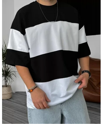 Unisex Bisiklet Yaka Parçalı T-Shirt - Siyah