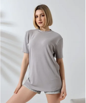 Unisex Bisiklet Yaka Slim Fit T-Shirt - Boyalı Gri