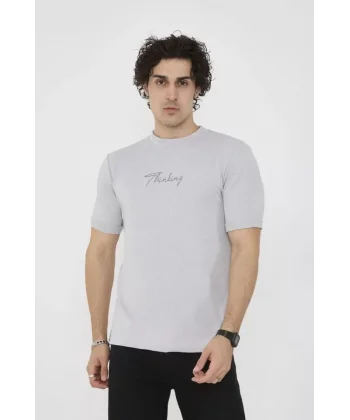 Unisex Bisiklet Yaka Slim Fit T-Shirt- Boyalı Gri