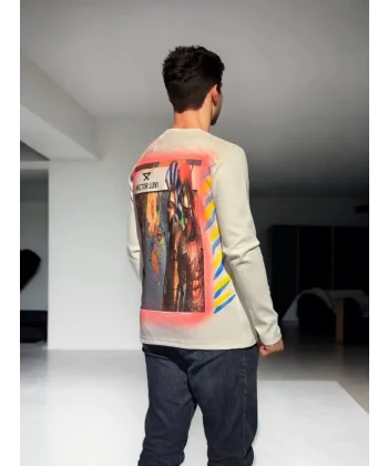 Unisex Bisiklet Yaka Uzun Kollu T-Shirt - Beyaz