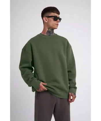 Unisex Biskilet Yaka Üç İplik SweatShirt - Haki