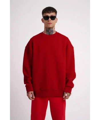 Unisex Biskilet Yaka Üç İplik SweatShirt - Kırmızı