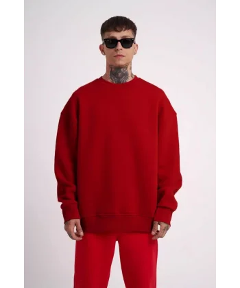 Unisex Biskilet Yaka Üç İplik SweatShirt - Kırmızı