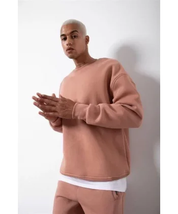 Unisex Biskilet Yaka Üç İplik SweatShirt - Pembe